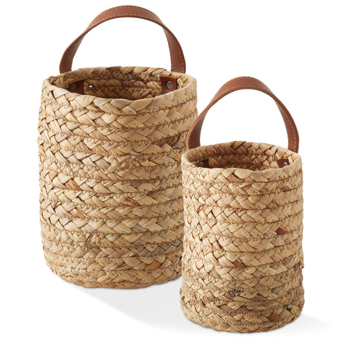 Set of 2 Water Hyacinth Wall Hanging Baskets with Handles (Small and Large) - Natural
